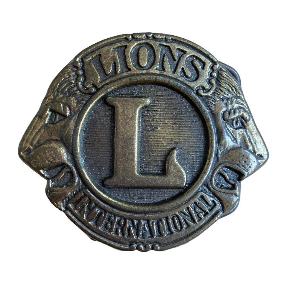 Vintage Lions International Brass Belt Buckle Round Numbered 4076 Big L Logo